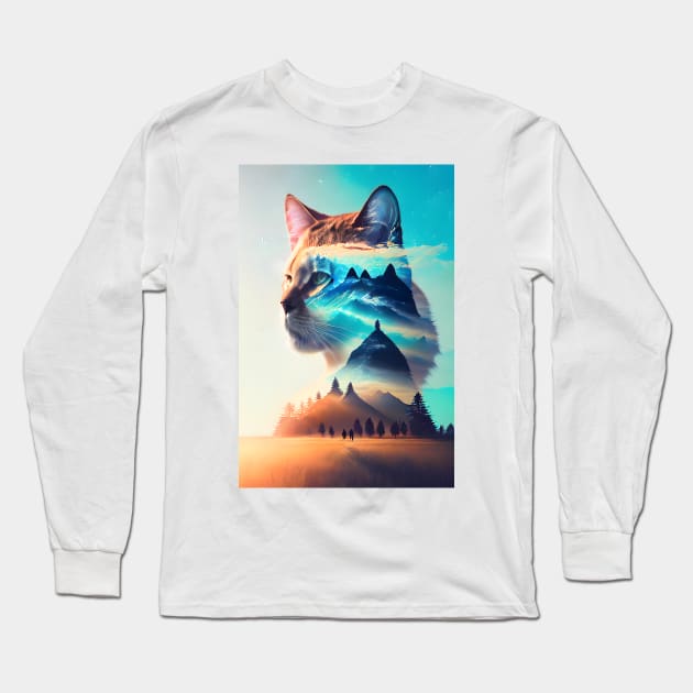 Galaxy Cat Double Exposure - Modern Digital Art Long Sleeve T-Shirt by Ai-michiart